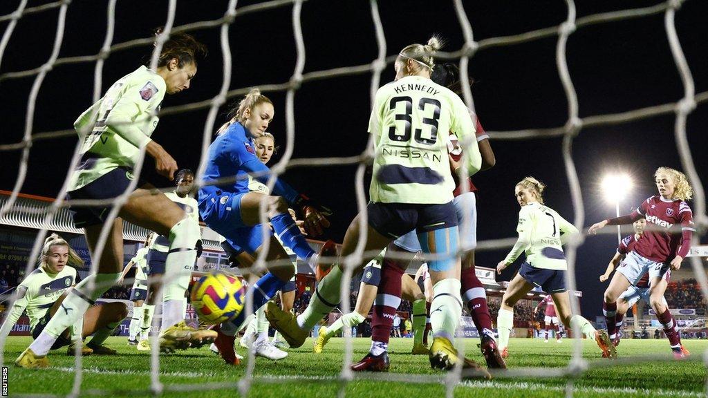 Manchester City's Leila Ouahabi clears the ball off the line