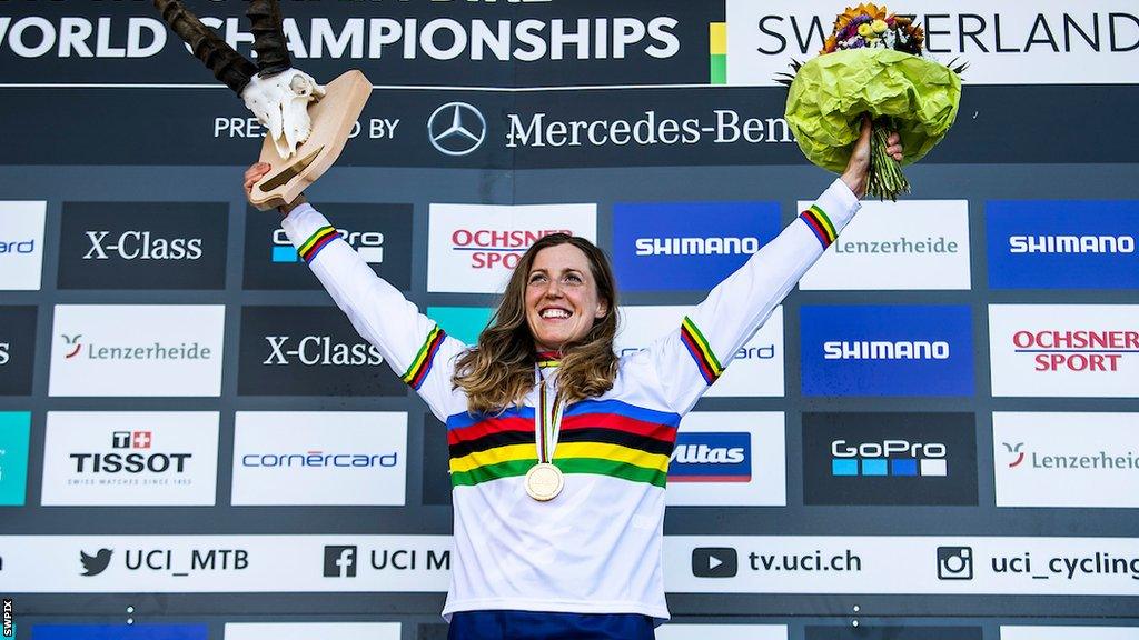 Rachel Atherton celebrates winning a world title in 2018