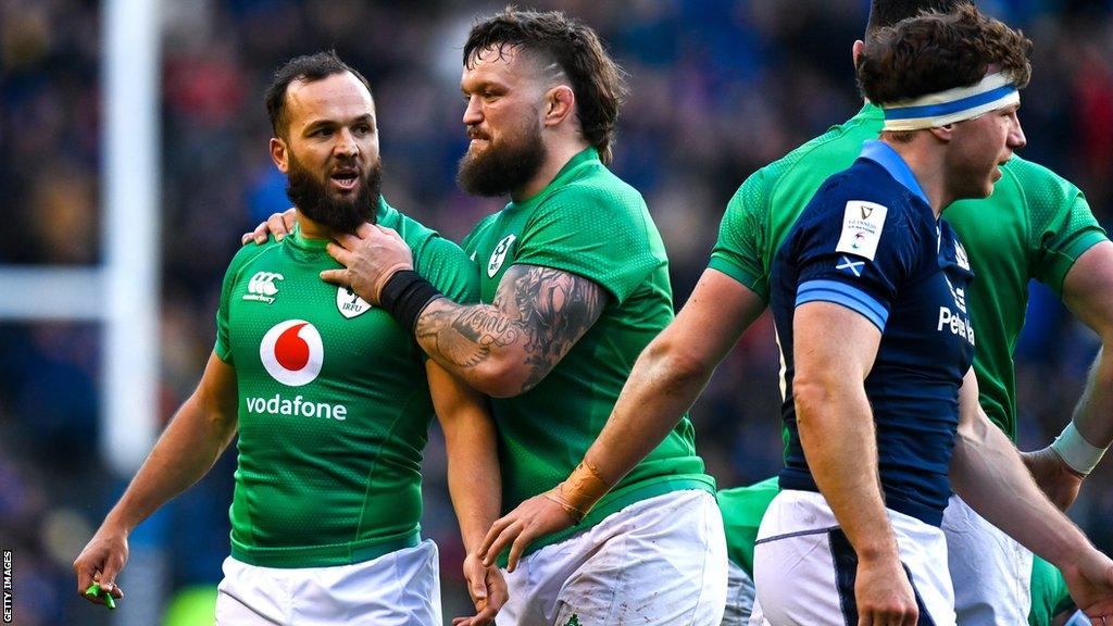 Ireland prop Andrew Porter embraces Jamison Gibson-Park after last weekend's win over Scotland