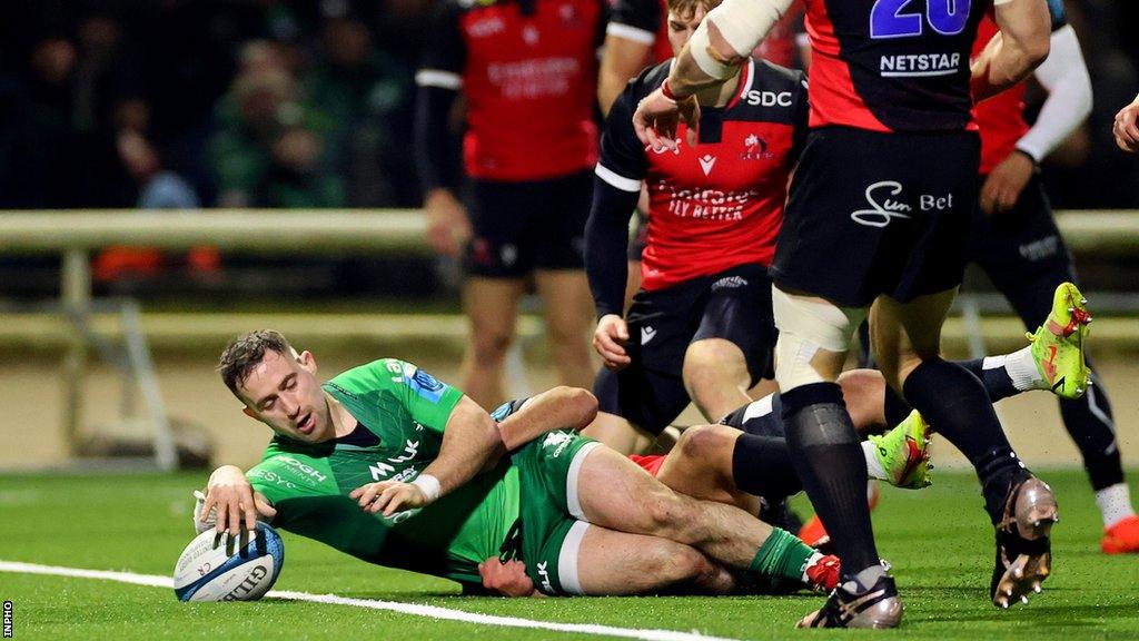 Caolin Blade goes over for his third try against the Lions in Galway