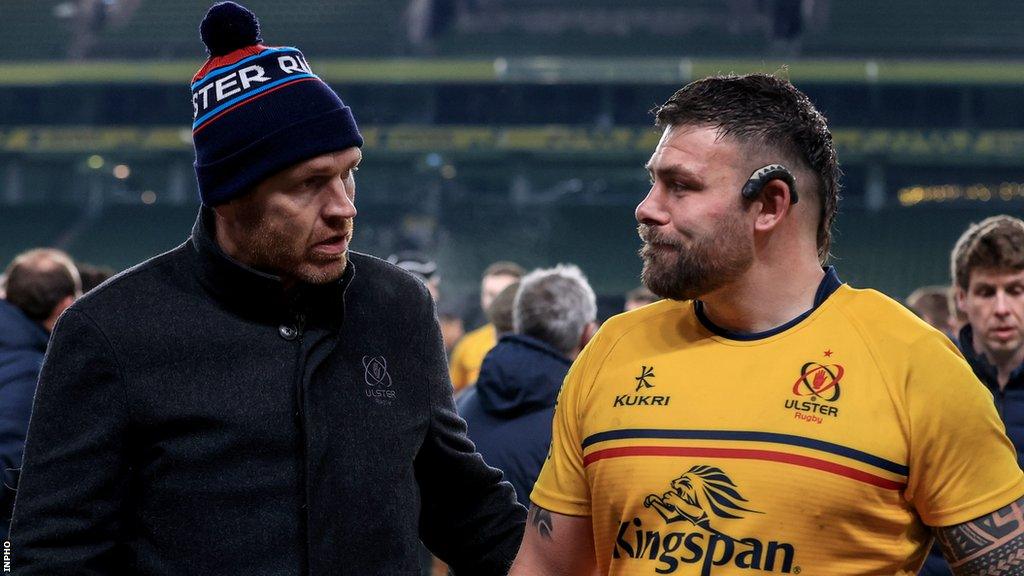 Jonny Petrie (left) talks to Ulster player Rory Sutherland after Saturday's defeat at the Aviva Stadium