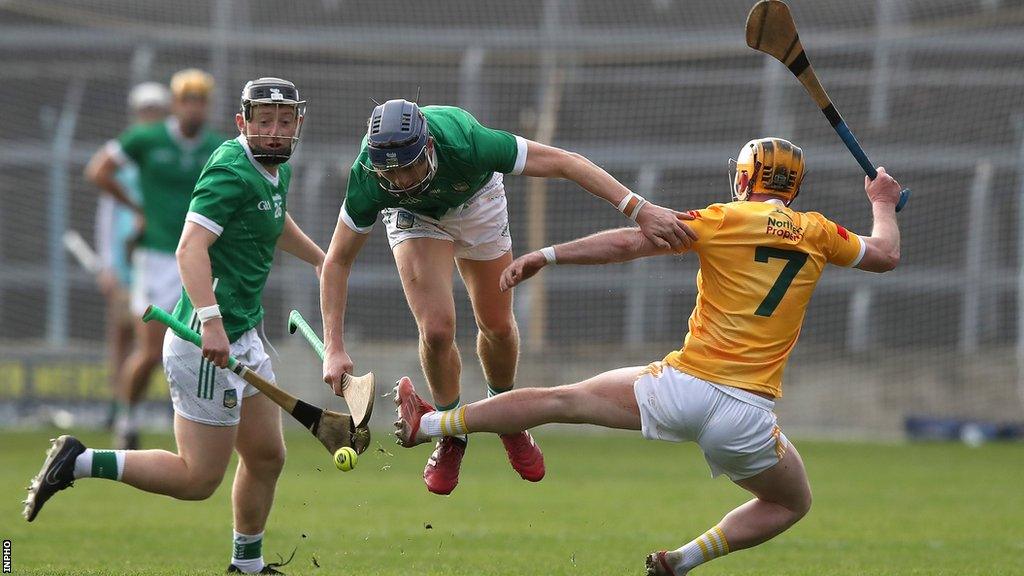 Antrim's Conor Boyd attempts to stop Limerick's David Reidy at Semple Stadium