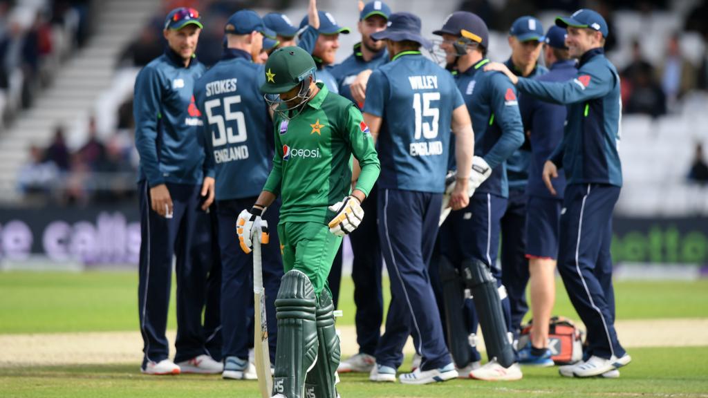 England celebrate Adil Rashid running out Babar Azam