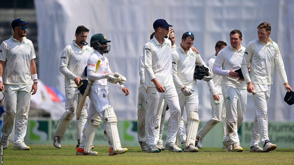 Ireland and Bangladesh players leave the field after the conclusion of the Test in Mirpur