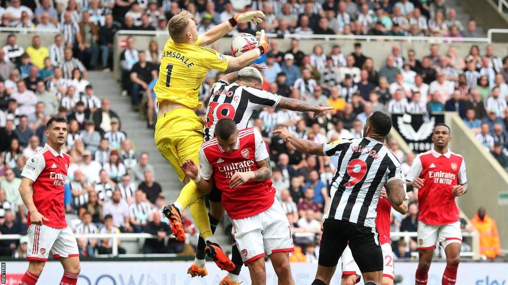 Arsenal keeper Aaron Ramsdale in action for his club against Newcastle United in the Premier League