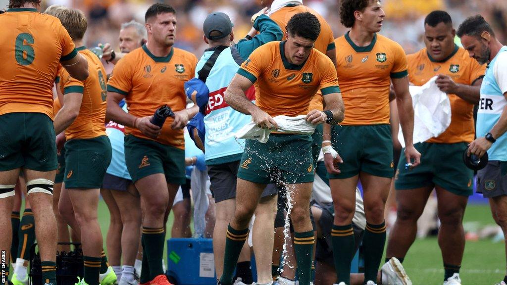 Australia players during a water break at the 2023 World Cup in France