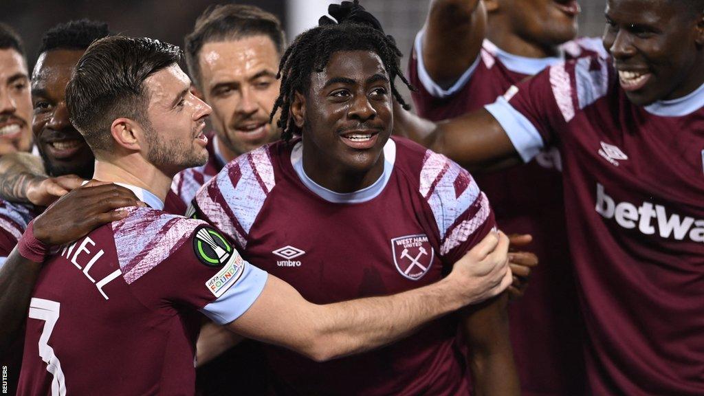 West Ham's players celebrate scoring in the Europa Conference League against AEK Larnaca