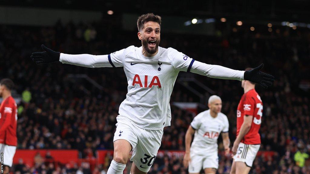 Rodrigo Bentancur of Tottenham Hotspur celebrates after scoring the second equalising goal for his team (2-2) during the Premier League match between Manchester United and Tottenham Hotspur at Old Trafford on January 14, 2024 in Manchester, England