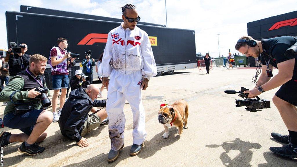 Lewis Hamilton arrives in the paddock at Silverstone with his dog, Roscoe