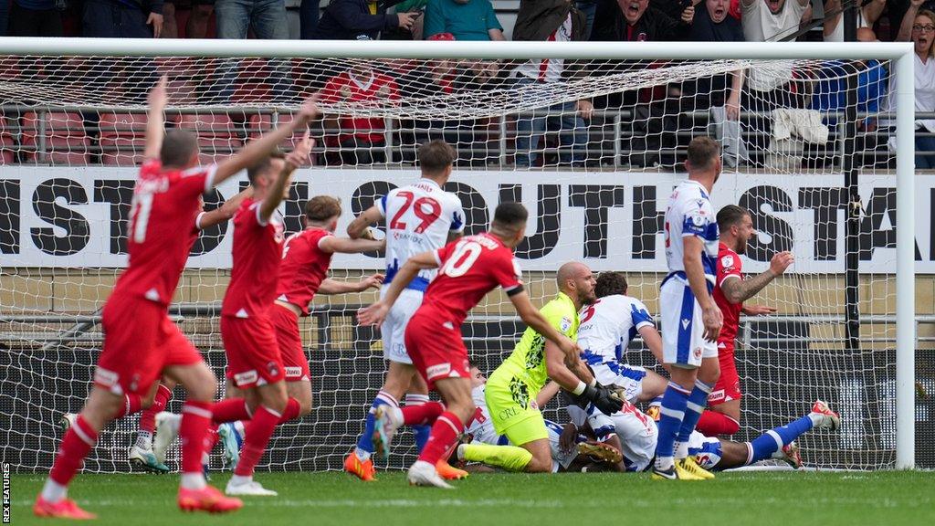 Leyton Orient score a goal against Reading