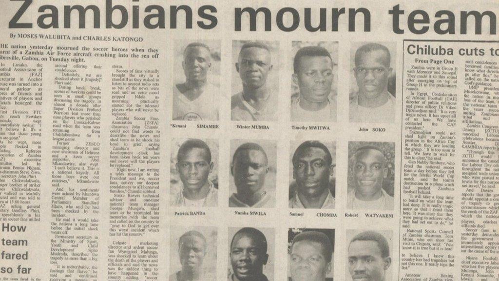 A newspaper front page saying "Zambians mourn team"