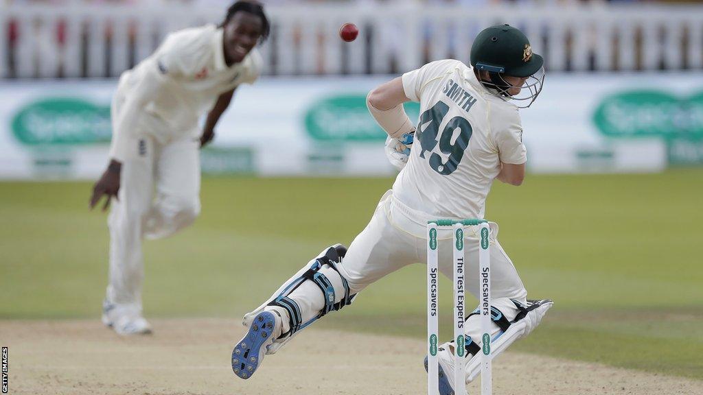 Steve Smith being struck by a Jofra Archer delivery