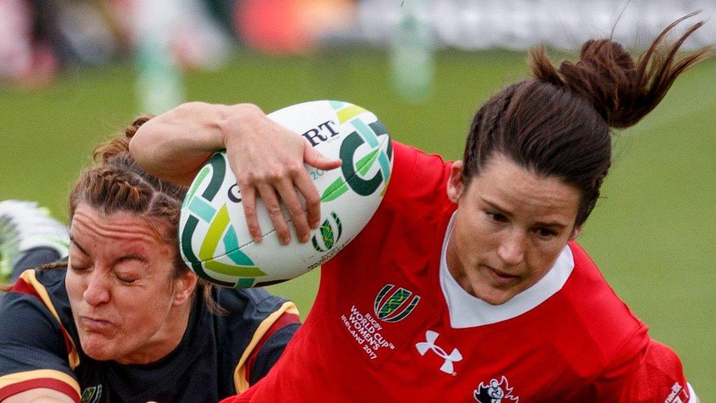 Jasmine Joyce cannot stop Elissa Alarie scoring for Canada