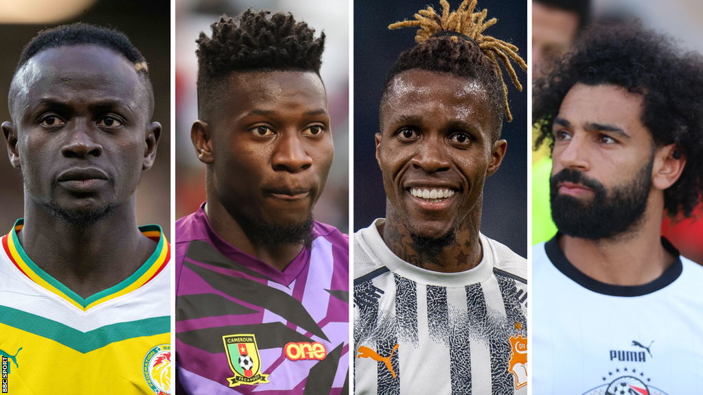 Al-Nassr and Senegal striker Sadio Mane, Manchester United and Cameroon goalkeeper Andre Onana, Galatasaray and Ivory Coast forward Wilfried Zaha and Liverpool and Egypt talisman Mohamed Salah playing football