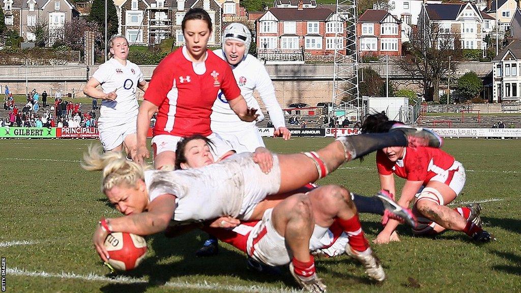 Sally Russo, then Sally Tuson, scores a try for England