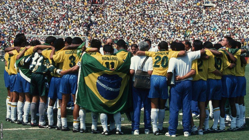 Brazil celebrate winning the World Cup in the USA in 1994