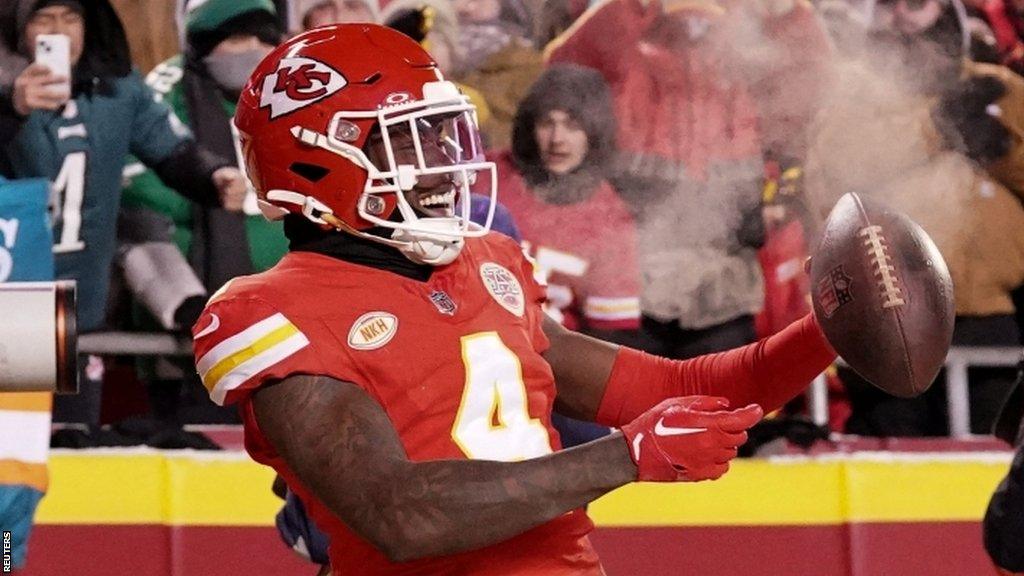 Kansas City Chiefs wide receiver Rashee Rice celebrates his touchdown against the Miami Dolphins