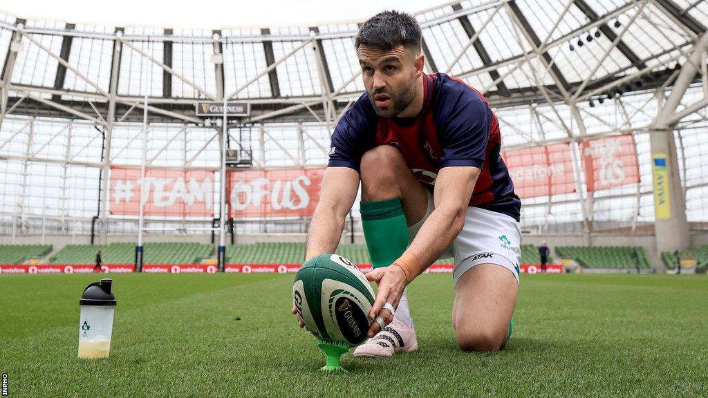 Conor Murray lines up a kick during Ireland training at the Aviva Stadium on Friday