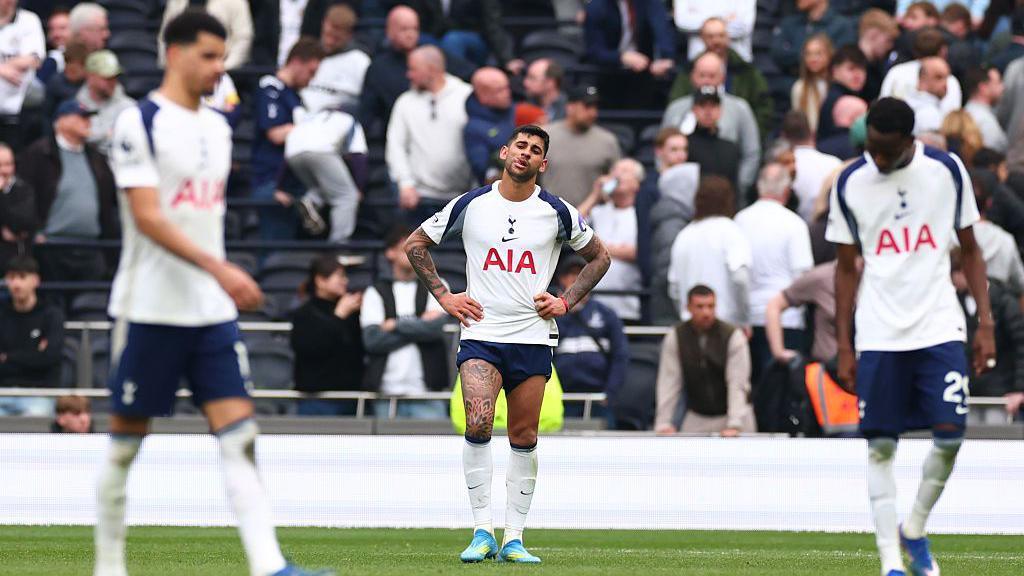 A dejected Cristian Romero of Tottenham Hotspur during the Premier League match between Tottenham Hotspur and Nottingham Forest.