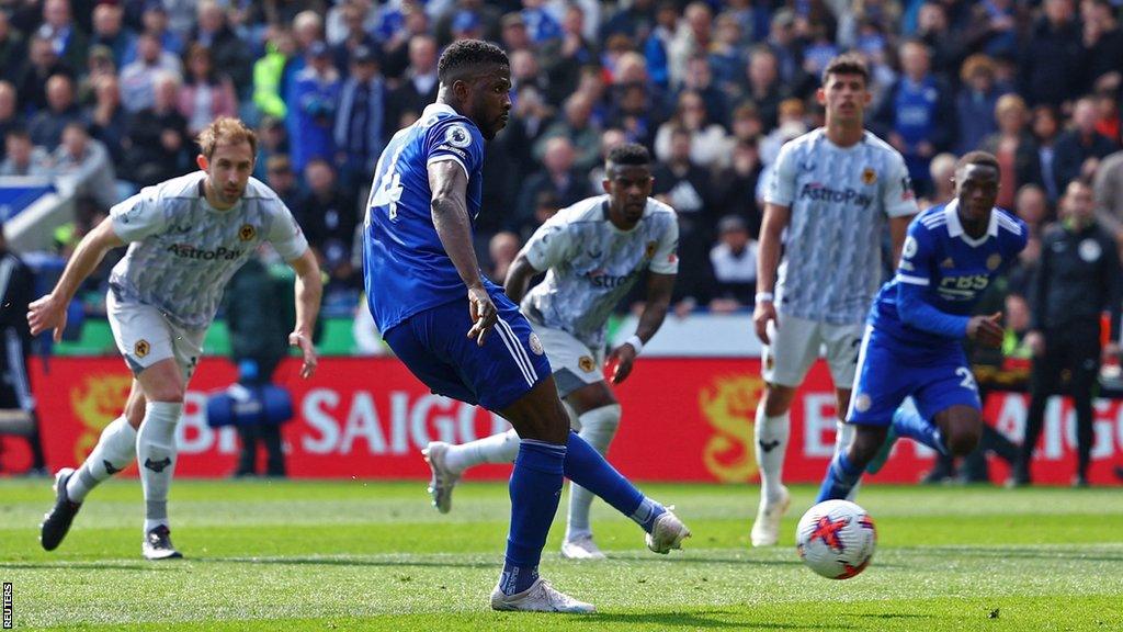 Leicester City's Kelechi Iheanacho scores their first goal v Wolves from the penalty spot