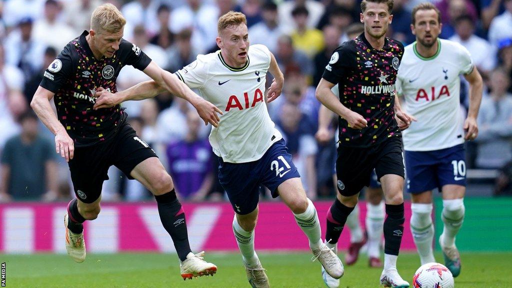 Dejan Kulusevski running with the ball while playing for Tottenham against Brentford