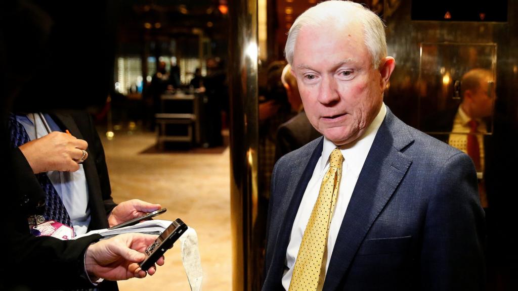 Senator Jeff Sessions arrives in the lobby of Republican president-elect Donald Trump's Trump Tower in New York, New York, November 2016.