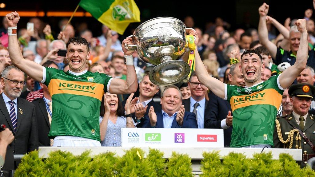 Kerry's star forward David Clifford and his brother Paudie celebrate after the Kingdom's Sam Maguire Cup triumph last year