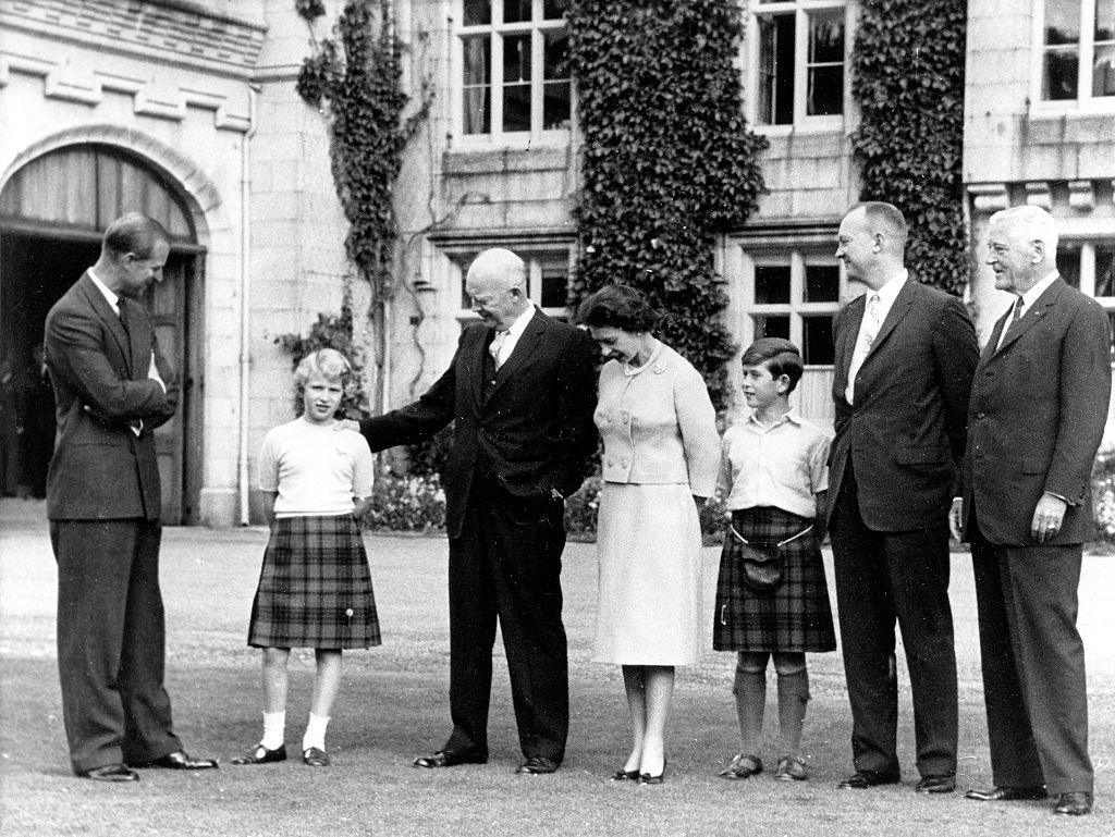 President Eisenhower (centre) with the British Royal family (L-R) Prince Philip, Princess Anne, HM Queen Elizabeth, Prince Charles and Captain John Eisenhower, at Balmoral Castle, Scotland, September 1959