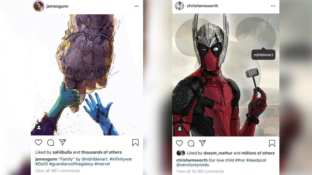 Screenshots of MJ's comic art depicting characters from the Marvel universe such as Deadpool, Thor and Thanos, reposted by actor Chris Hemsworth and director James Gunn