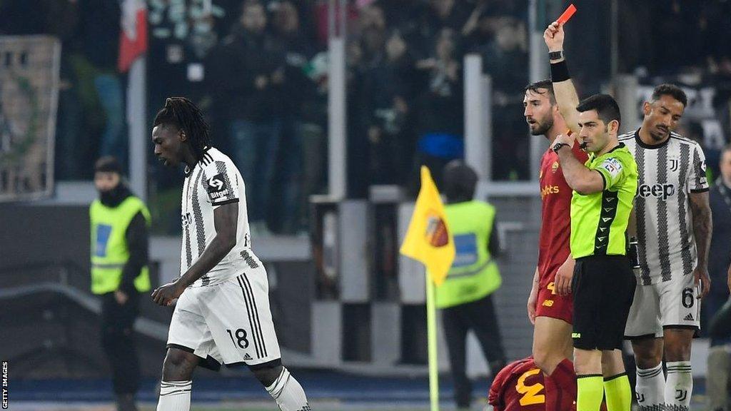 Moise Kean is sent off for Juventus against Roma