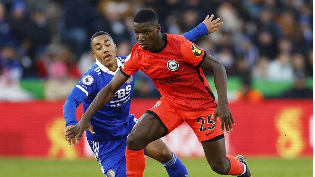 Brighton player Moises Caicedo runs past Leicester City player Youri Tielemans