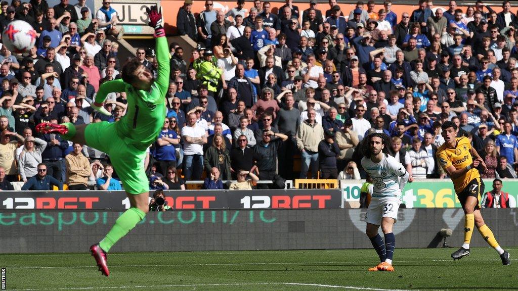 Matheus Nunes beats Chelsea keeper Kepa Arrizabalaga with a fine finish to give Wolves the lead against Chelsea