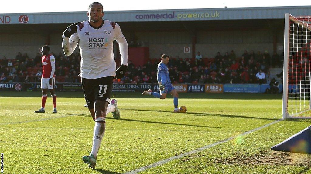 Nathaniel Mendez-Laing runs in celebration after scoring for Derby