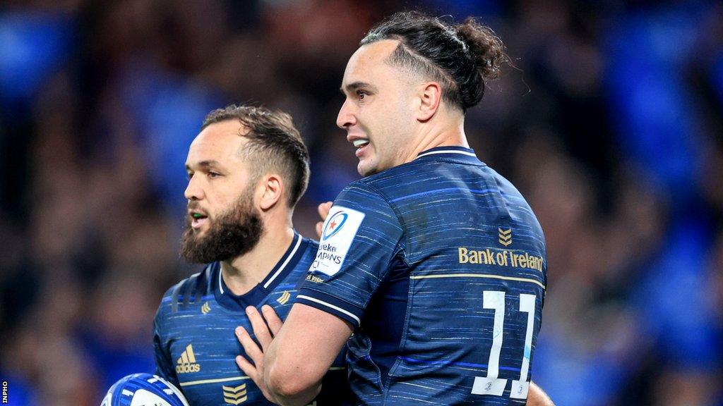 Jamison Gibson-Park and James Lowe celebrate a try against Leicester