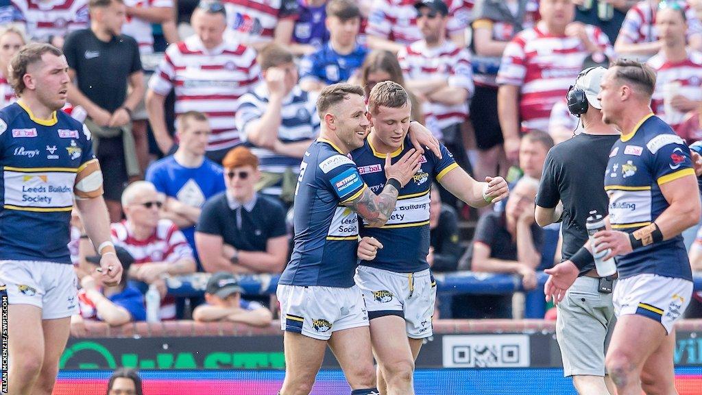 Harry Newman received congratulations from Richie Myler after his first-half try