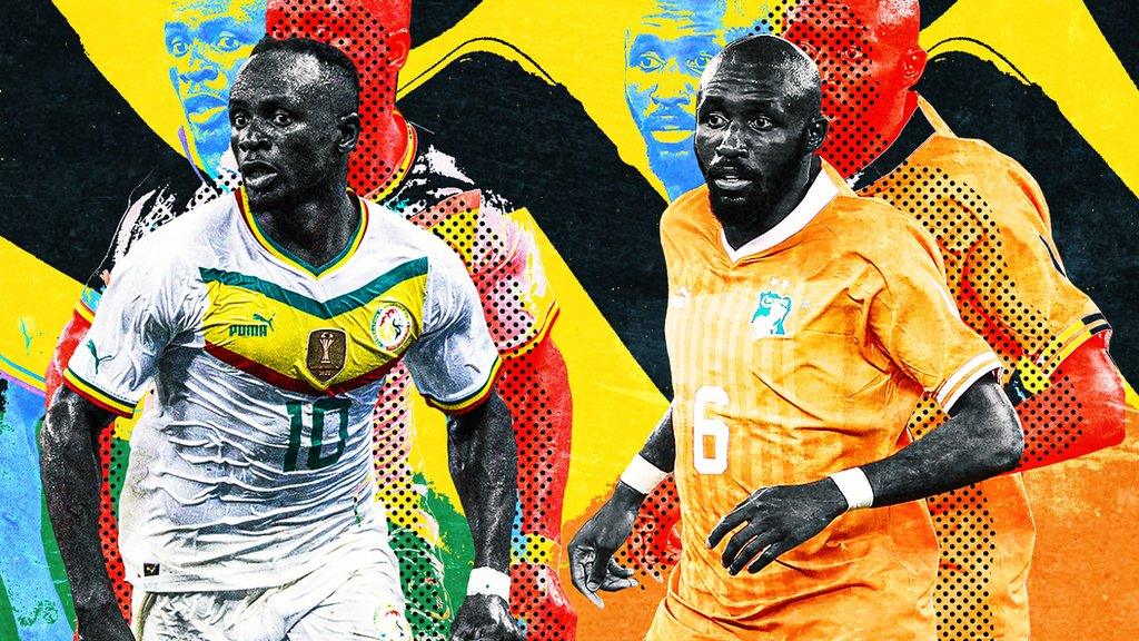 A colourful graphic featuring Senegal forward Sadio Mane and Ivory Coast midfielder Seko Fofana