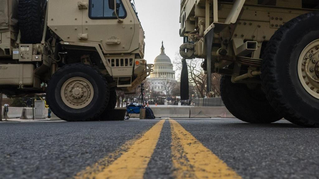 National Guard troops block traffic near the Capitol on 19 January 2021 in Washington, DC.