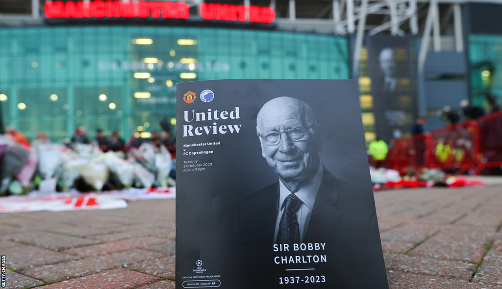 The match programme for the Champions League group game between Manchester United and FC Copenhagen featuring Sir Bobby Charlton on the cover