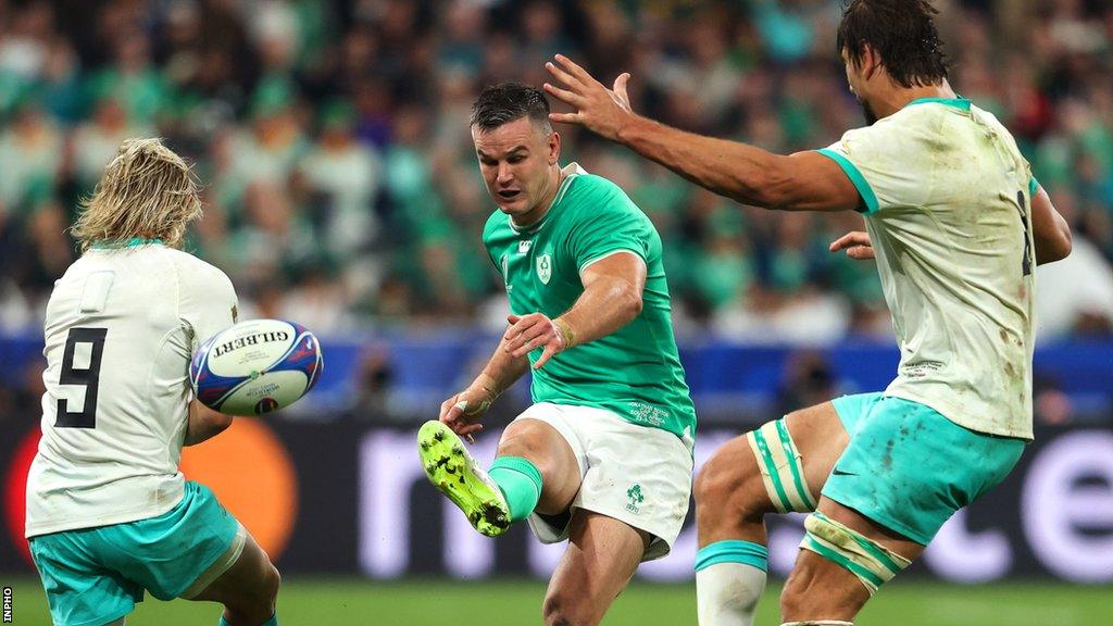 Johnny Sexton kicks through for Ireland in the victory over the Springboks in Paris