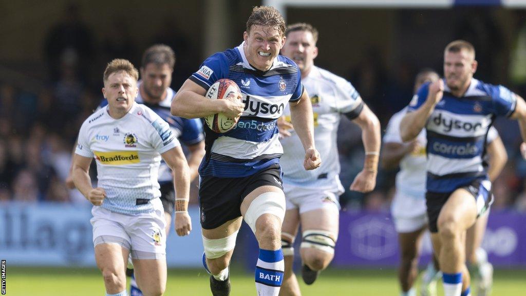 Ted Hill runs with the ball for Bath during their Premiership Rugby Cup win over Exeter