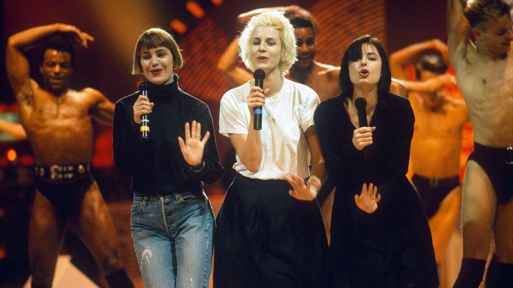 Bananarama perform at the 1988 Brit Awards