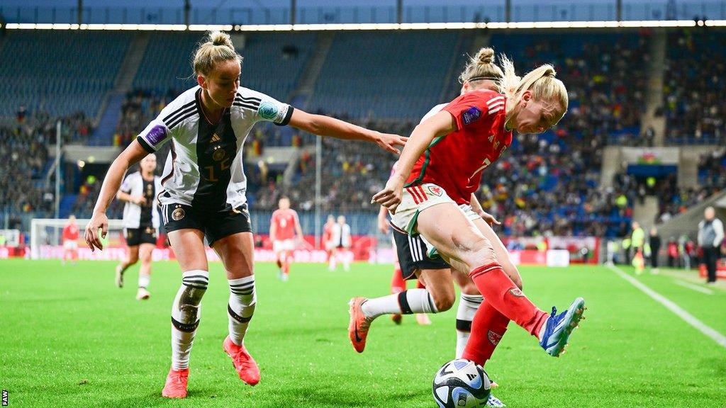 Ceri Holland on the ball v Germany