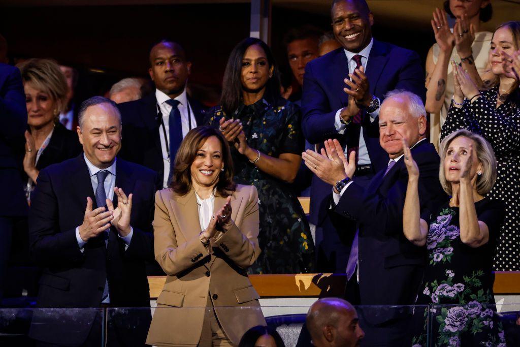 Doug Emhoff, Kamala Harris, Tim Walz and Gwen Walz at the DNC