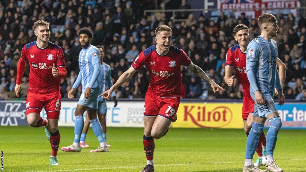 Preston North End's Emil Riis celebrates scoring his side's first goal at Coventry