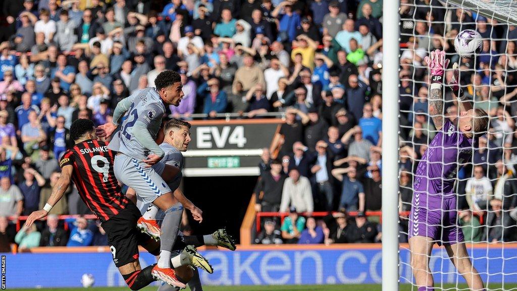 Dominic Solanke heads in Bournemouth's opener against Everton