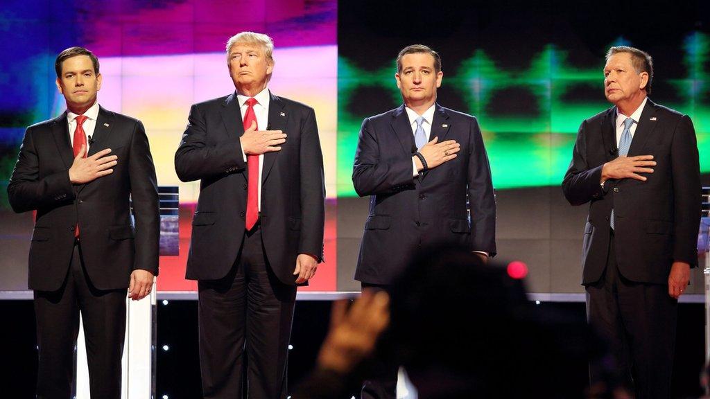 Marco Rubio, Donald Trump, Ted Cruz and John Kasich at the Republican debate in Miami