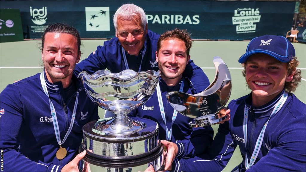 Gordon Reid, Alfie Hewett and Ben Bartram hold the World Team Cup trophy