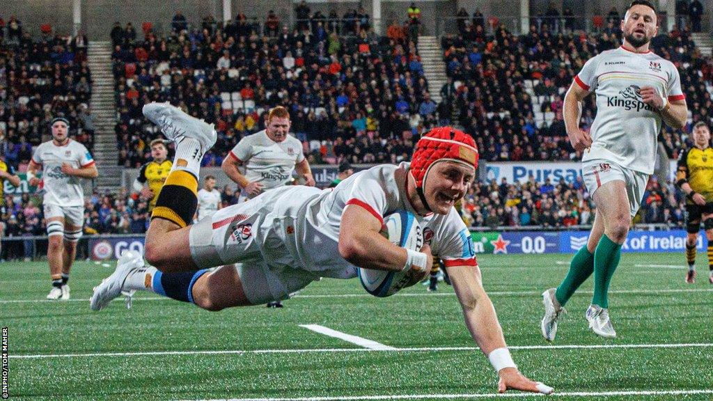 Ulster's Michael Lowry scores the second try of the game against the Dragons