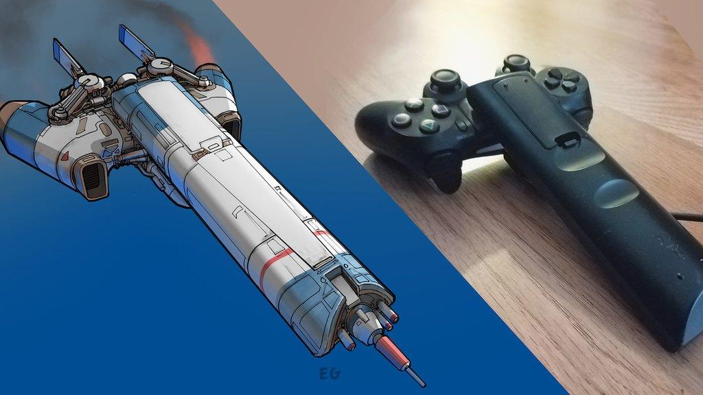 A spaceship, TV remote and PlayStation controller.