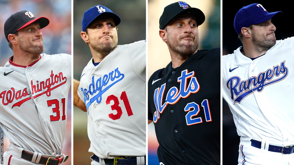 Max Scherzer pitching for the Washington Nationals, Los Angeles Dodgers, New York Mets and Texas Rangers